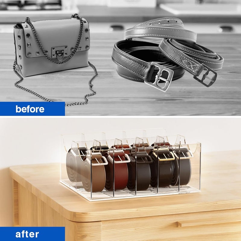 ACRYDECOR Large Acrylic Belt Organizer, Clear 10 Compartments Storage with Dust Cover, Display Holder - Image 3